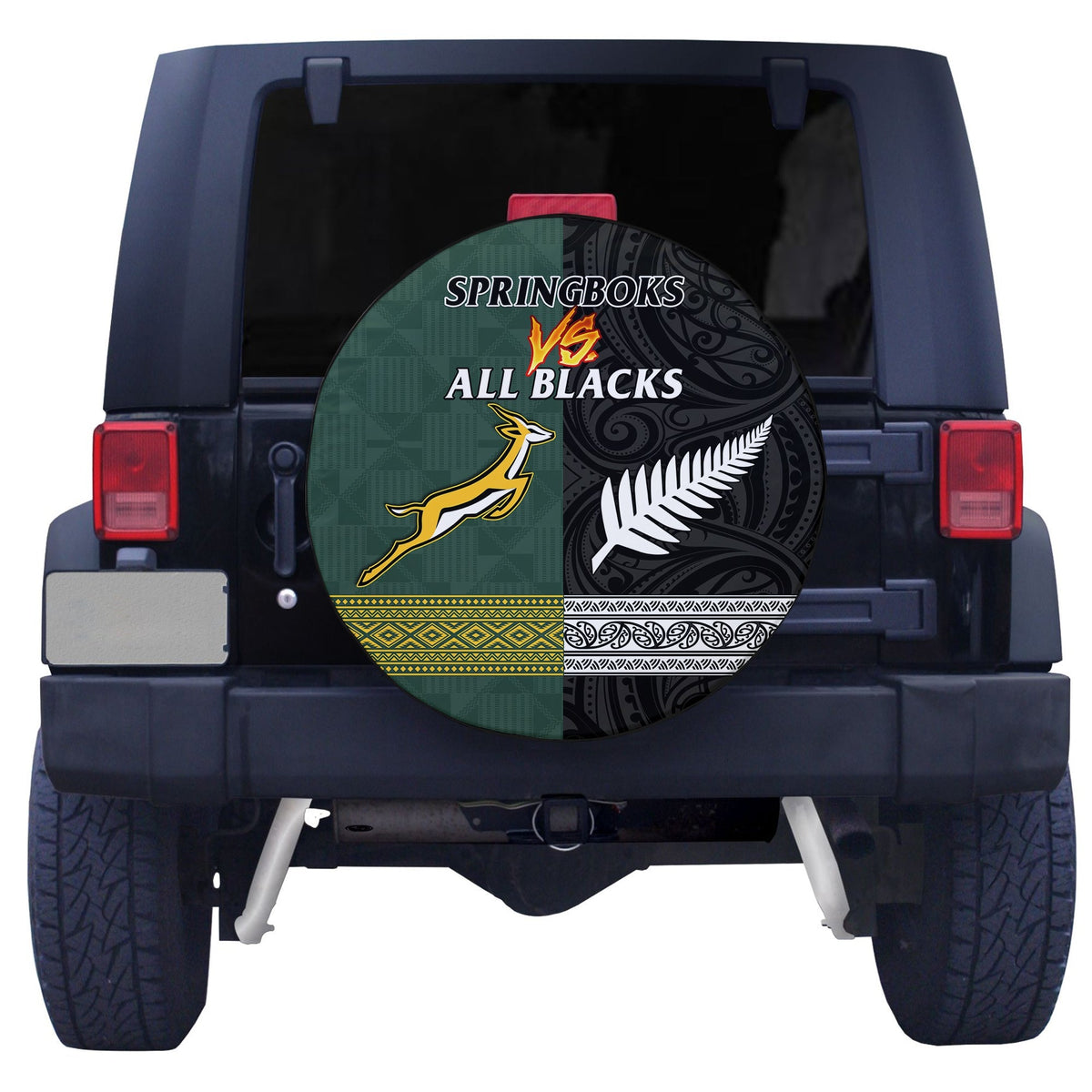 Spare tire cover with Springboks vs All Blacks logos on green-black round graphic