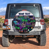 Hawaii-themed spare tire cover with circular graphic, palm trees, dancers, and 'YOUR TEXT'.