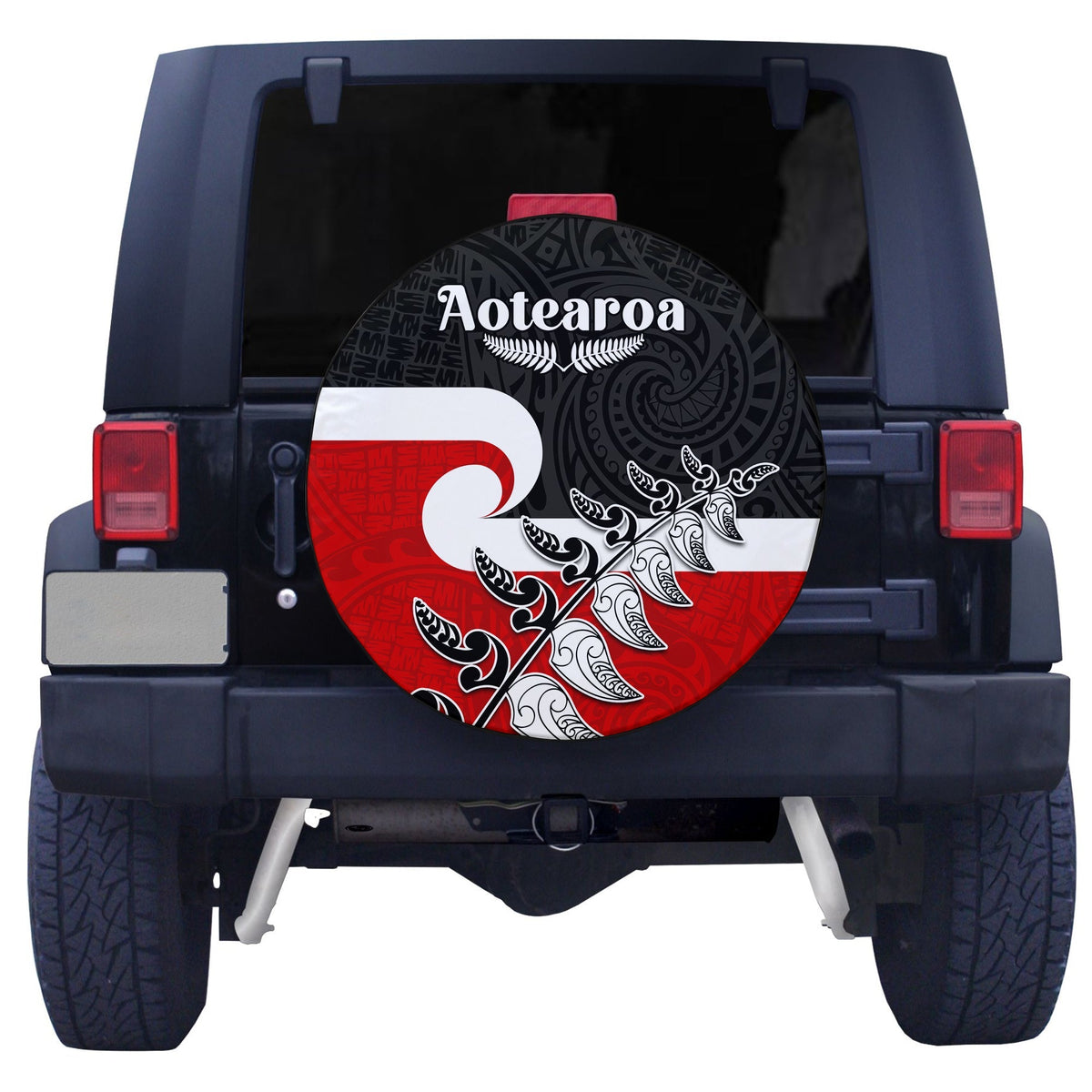 Spare tire cover with circular Maori design in black, red, and white and Aotearoa wordmark