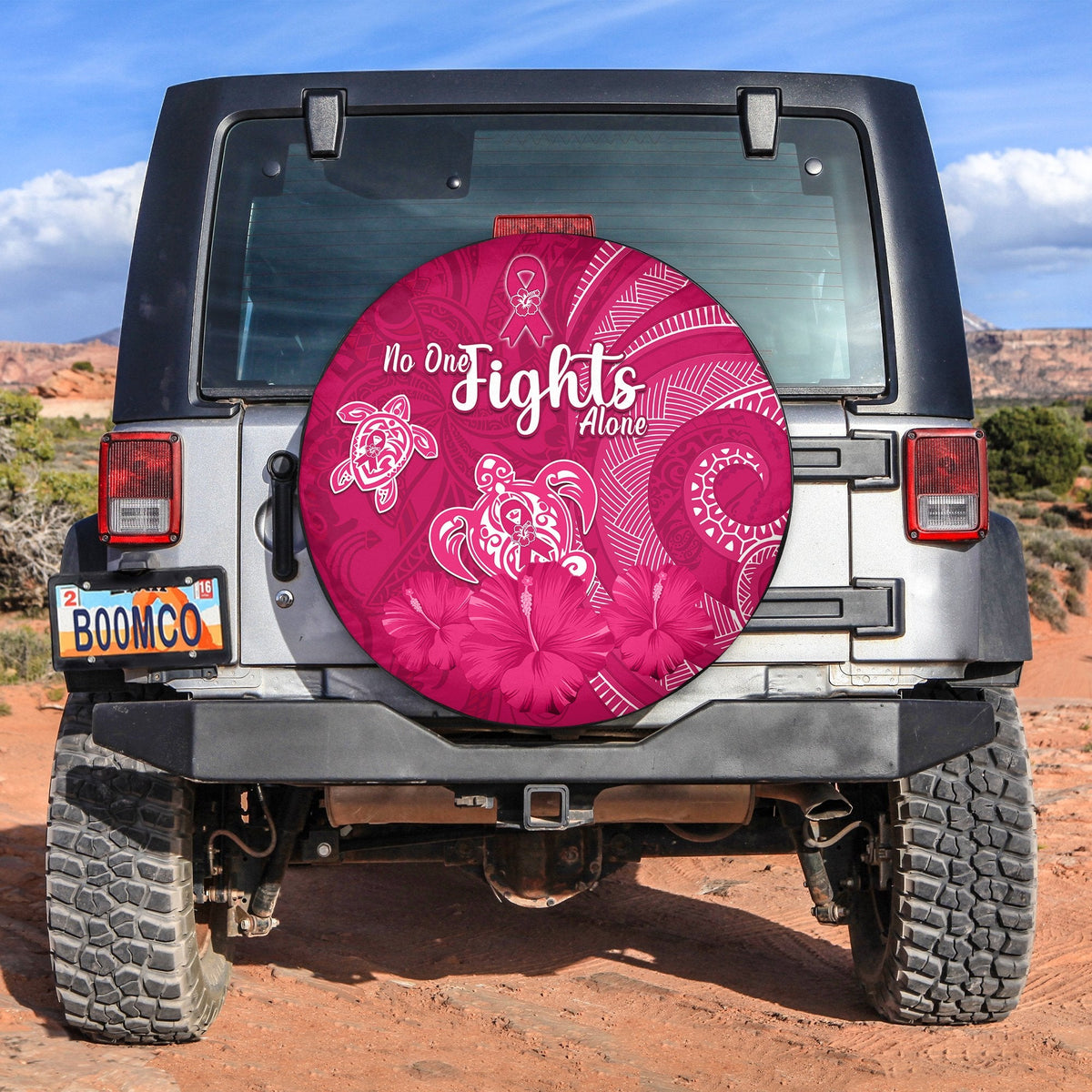 Breast Cancer Awareness Spare Tire Cover Hibiscus Polynesian No One Fights Alone LT13 - Wonder Print Shop