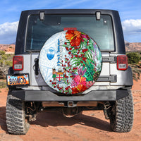 Round custom spare tire cover with colorful tropical floral and tapa pattern