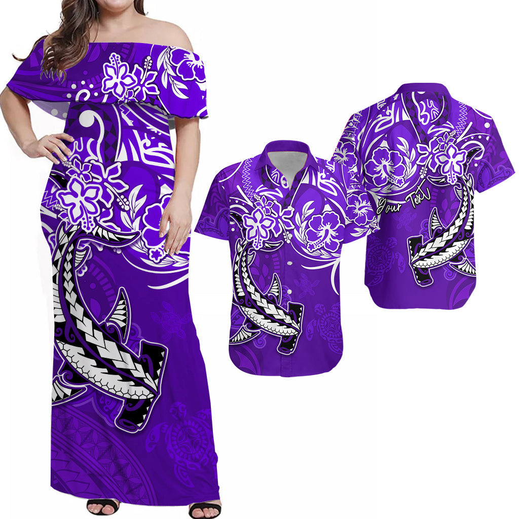 Personalised Hawaii Matching Hawaiian Shirt And Dress Polynesia Purple Sea Turtle Honu and Hammerhead Shark LT13 - Wonder Print Shop