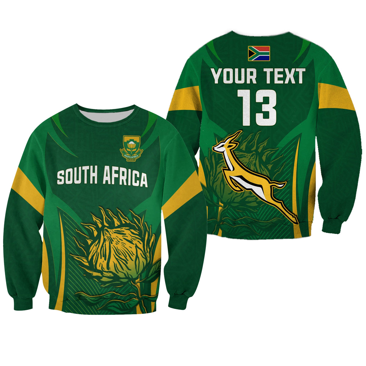(Custom Text and Number) South Africa Rugby Sweatshirt Springboks Champion LT13 - Wonder Print Shop