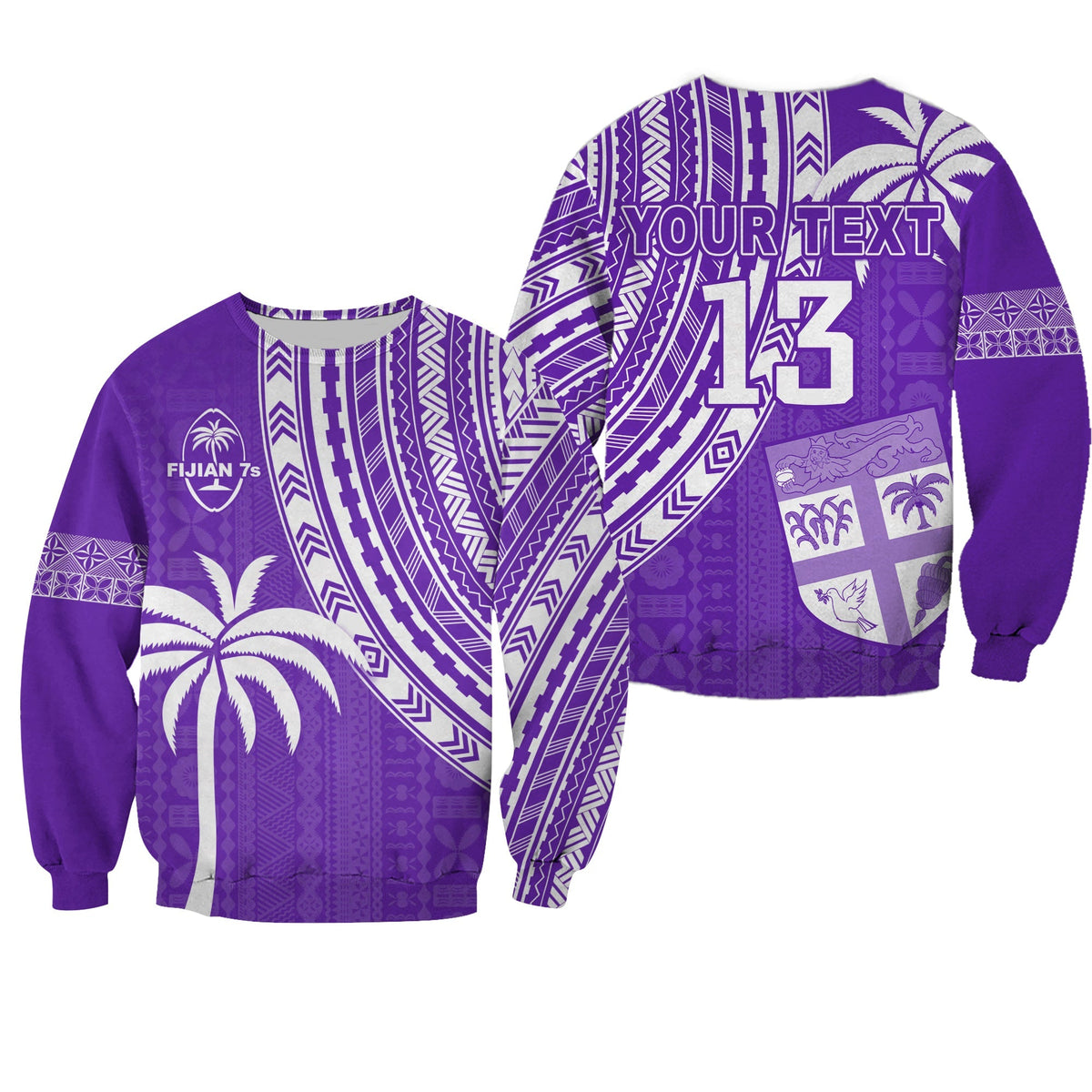 Custom Text and Number Fiji Rugby Sevens Sweatshirt Fijian 7s Tapa Polynesian Purple LT13 - Wonder Print Shop