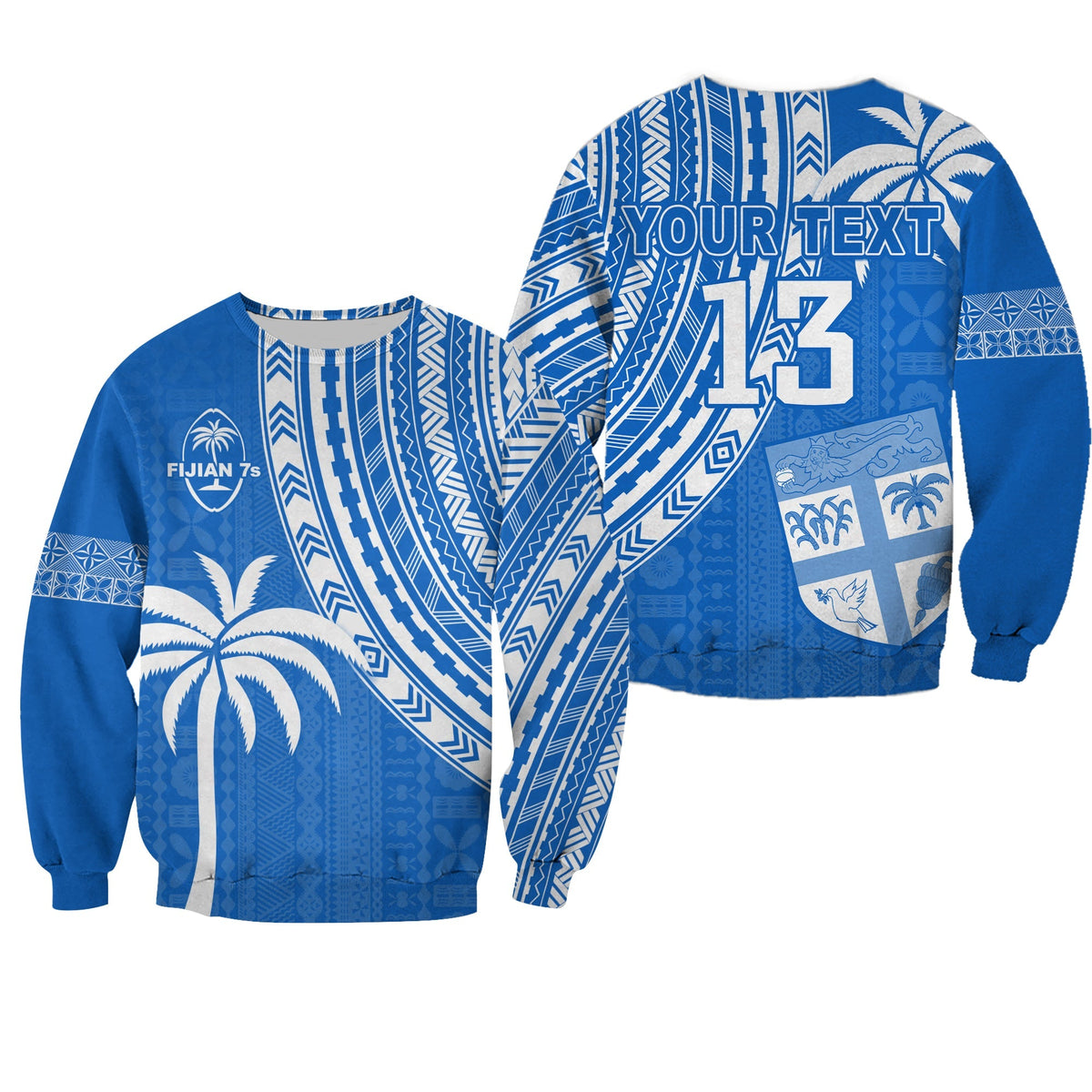Custom Text and Number Fiji Rugby Sevens Sweatshirt Fijian 7s Tapa Polynesian Blue Ver.01 LT13 - Wonder Print Shop