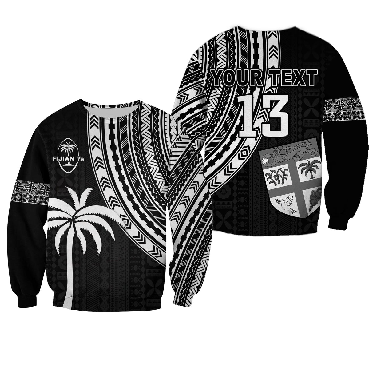Custom Text and Number Fiji Rugby Sevens Sweatshirt Fijian 7s Tapa Polynesian LT13 - Wonder Print Shop