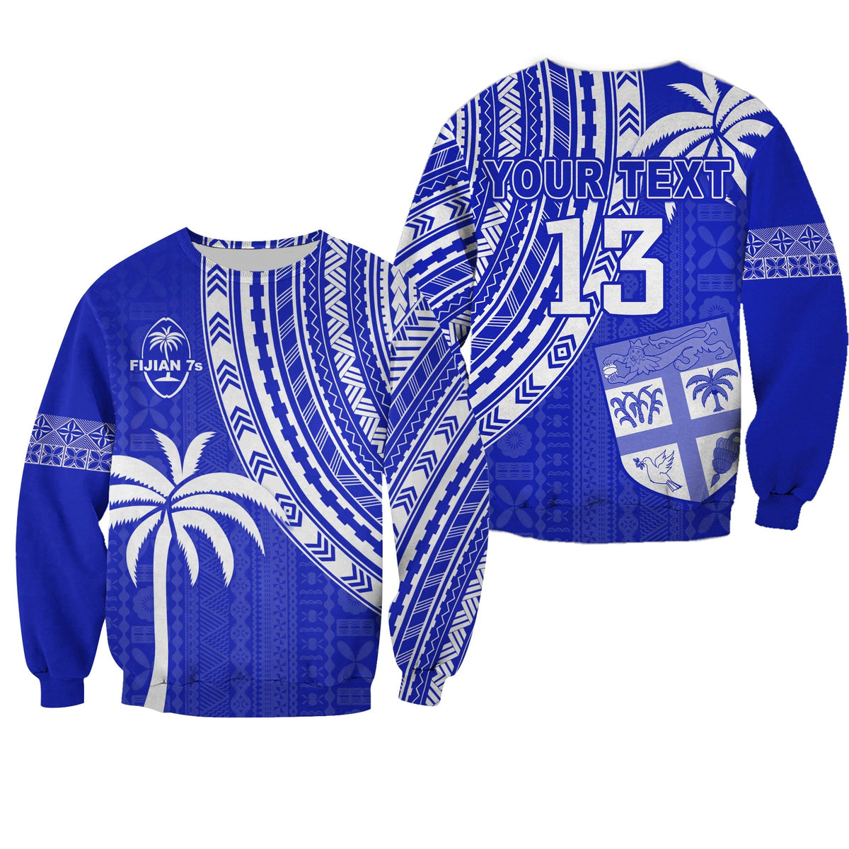 Custom Text and Number Fiji Rugby Sevens Sweatshirt Fijian 7s Tapa Polynesian Blue Ver.02 LT13 - Wonder Print Shop