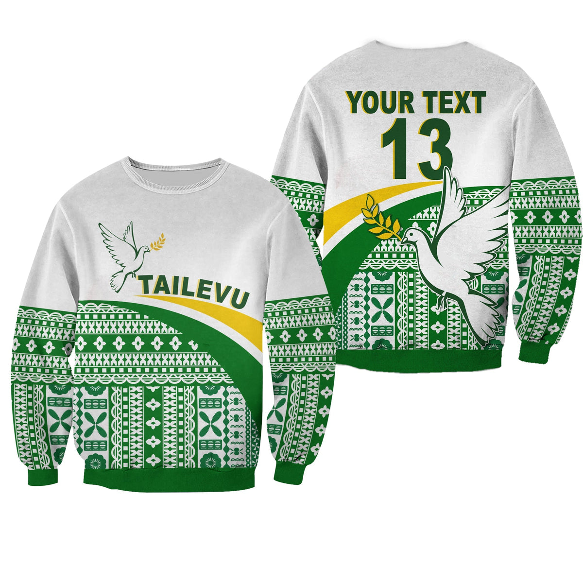 (Custom Text and Number) Tailevu Rugby Sweatshirt Fiji Rugby Tapa Pattern White LT13 - Wonder Print Shop