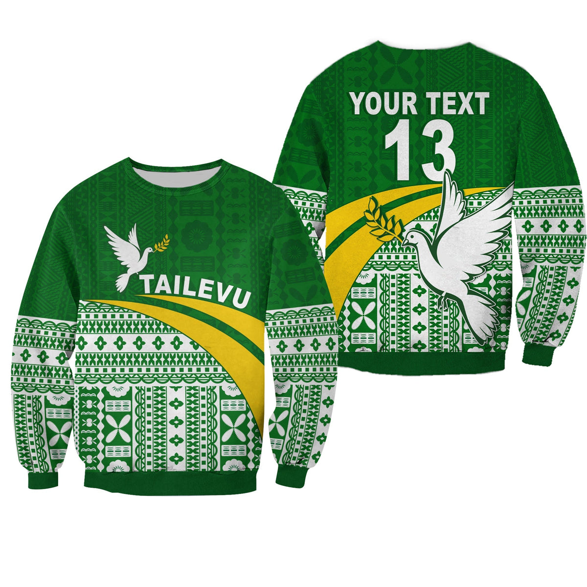 (Custom Text and Number) Tailevu Rugby Sweatshirt Fiji Rugby Tapa Pattern Green LT13 - Wonder Print Shop