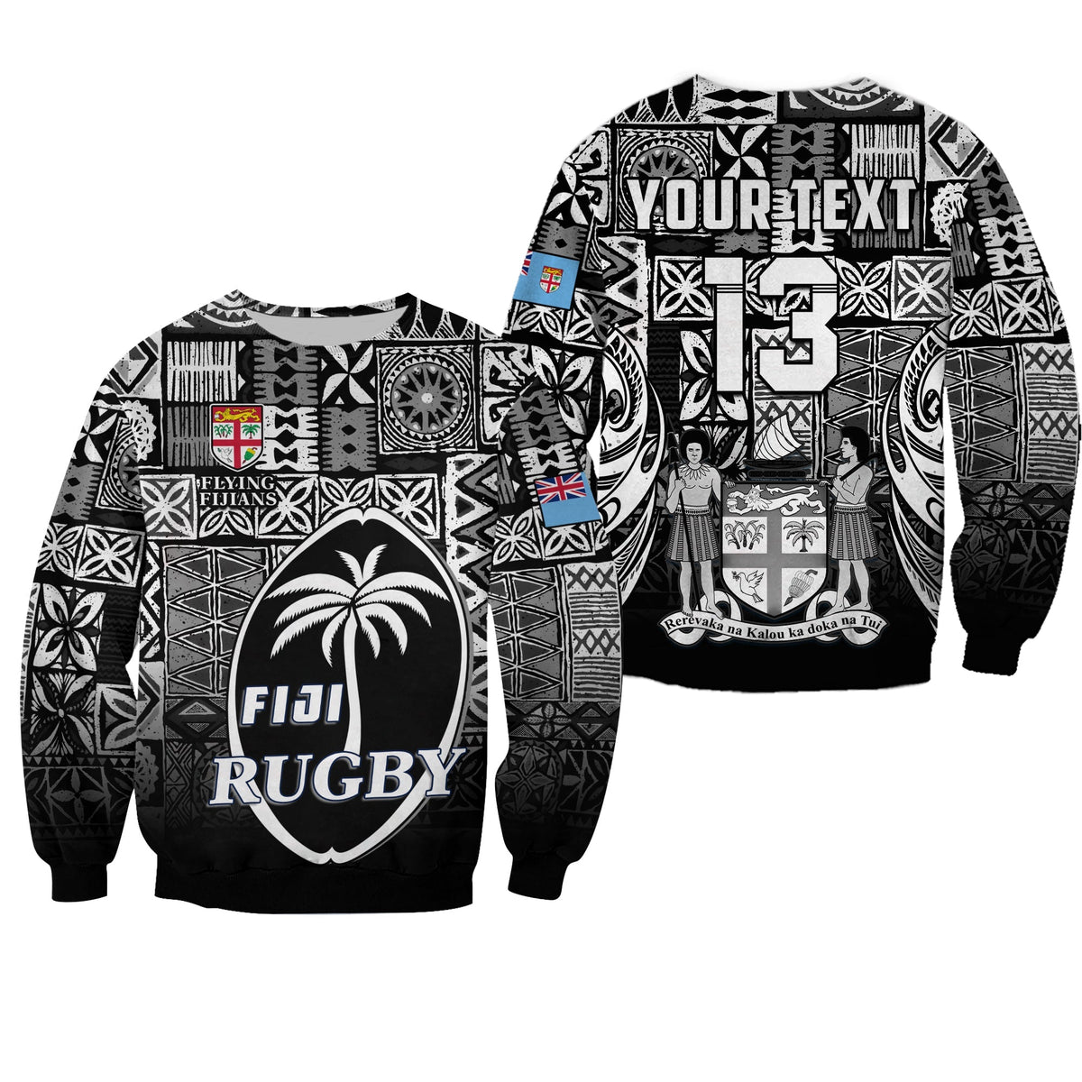 (Custom Text and Number) Fiji Rugby Sweatshirt Flying Fijians Black Tapa Pattern LT13 - Wonder Print Shop