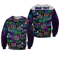 Purple crewneck sweatshirt with colorful skeleton dance Hawaiian graphic, long sleeves