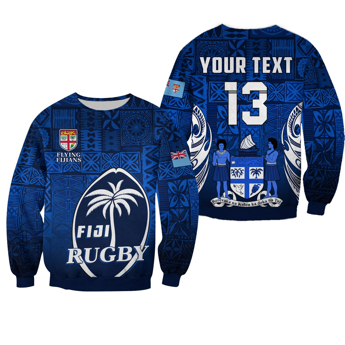 (Custom Text and Number) Fiji Rugby Sweatshirt Flying Fijians Blue Tapa Pattern LT13 - Wonder Print Shop