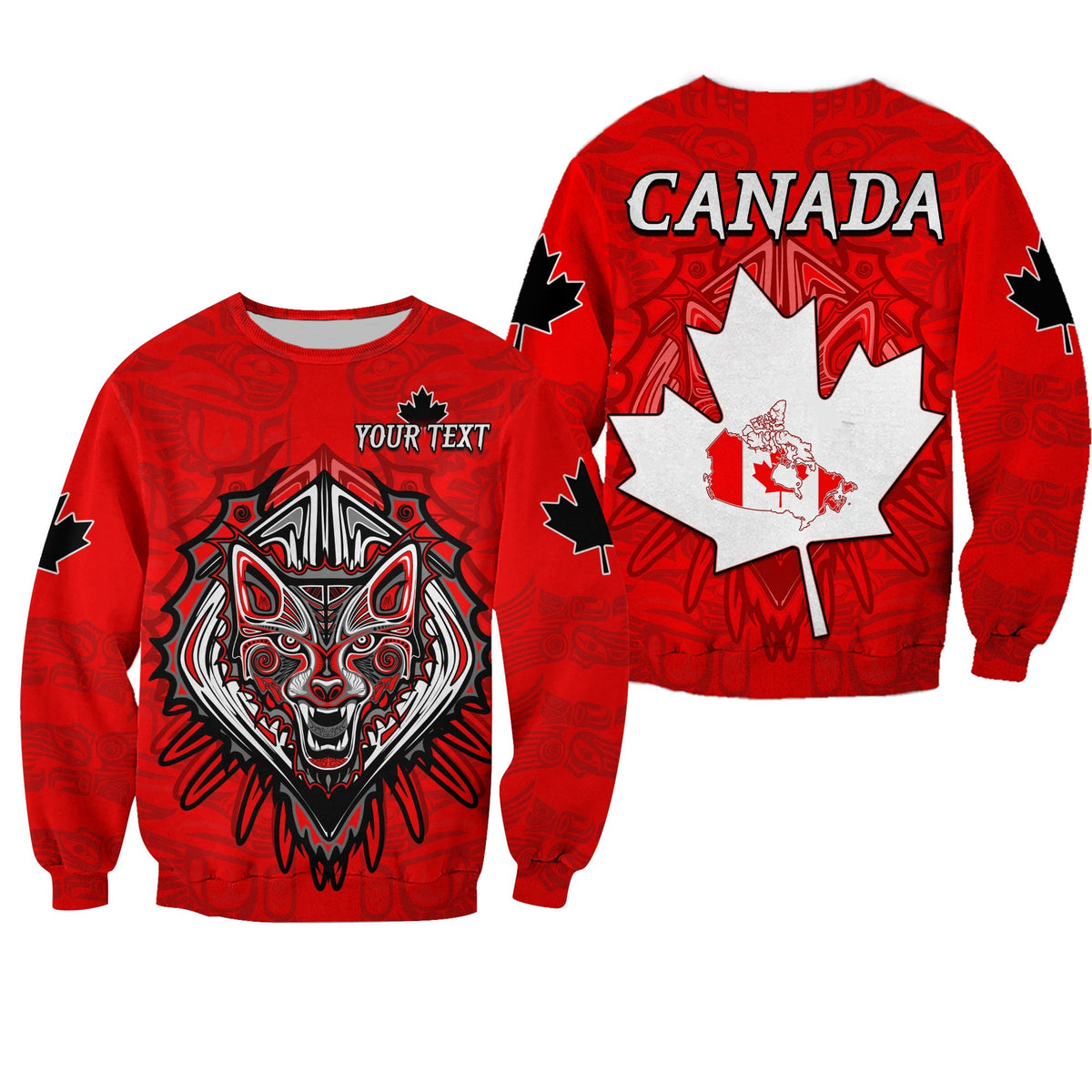 (Custom Personalised) Canada Maple Leaf Sweatshirt Red Haida Wolf LT13 - Wonder Print Shop