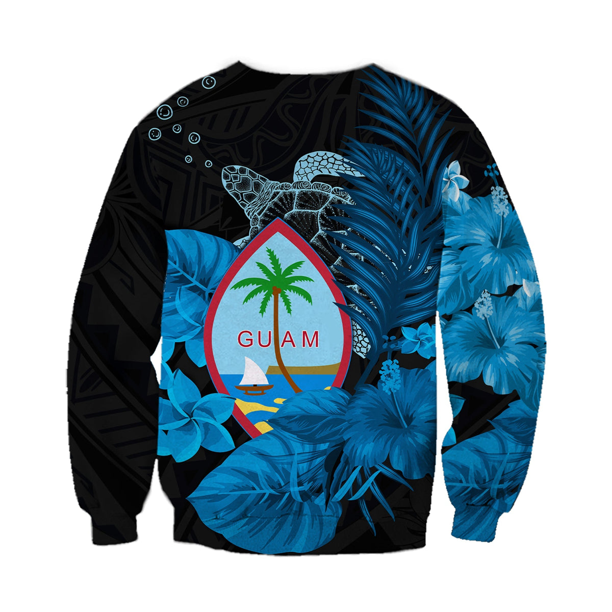 Guam Seal Sweatshirt Polynesian Turtle with Flowers Version Blue LT13 - Wonder Print Shop
