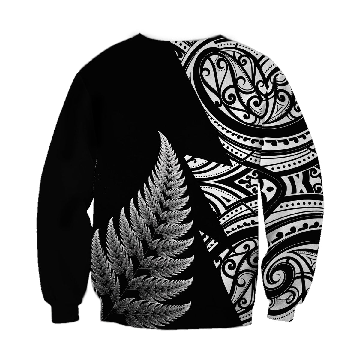 Black rugby sweatshirt with large feather graphic and Maori-style half-sleeve pattern