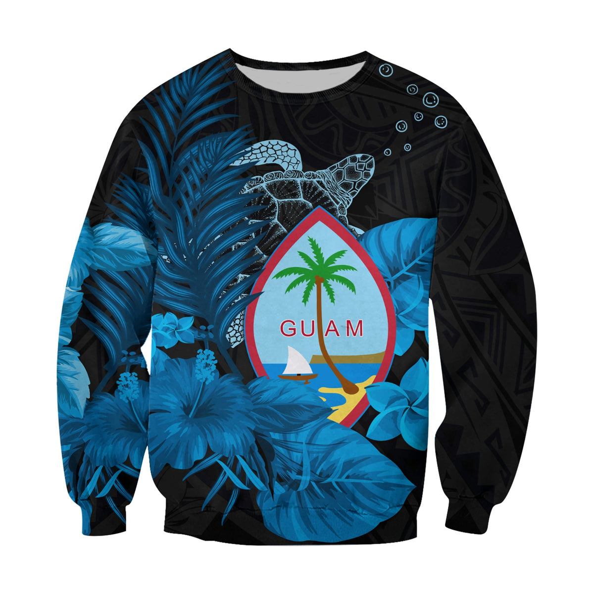 Guam Seal Sweatshirt Polynesian Turtle with Flowers Version Blue LT13 - Wonder Print Shop
