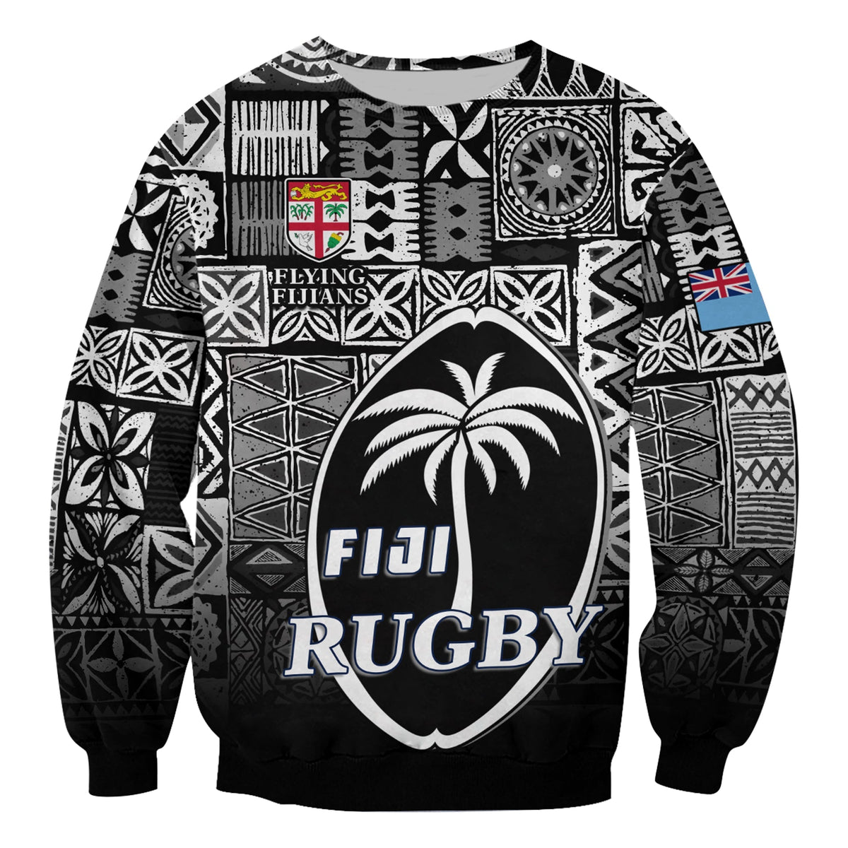(Custom Text and Number) Fiji Rugby Sweatshirt Flying Fijians Black Tapa Pattern LT13 - Wonder Print Shop