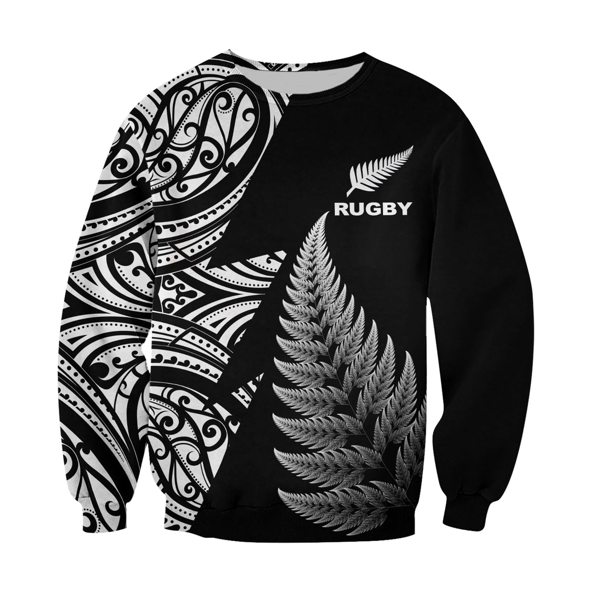 Black rugby sweatshirt with feather graphic, RUGBY logo, and Maori-style sleeve print