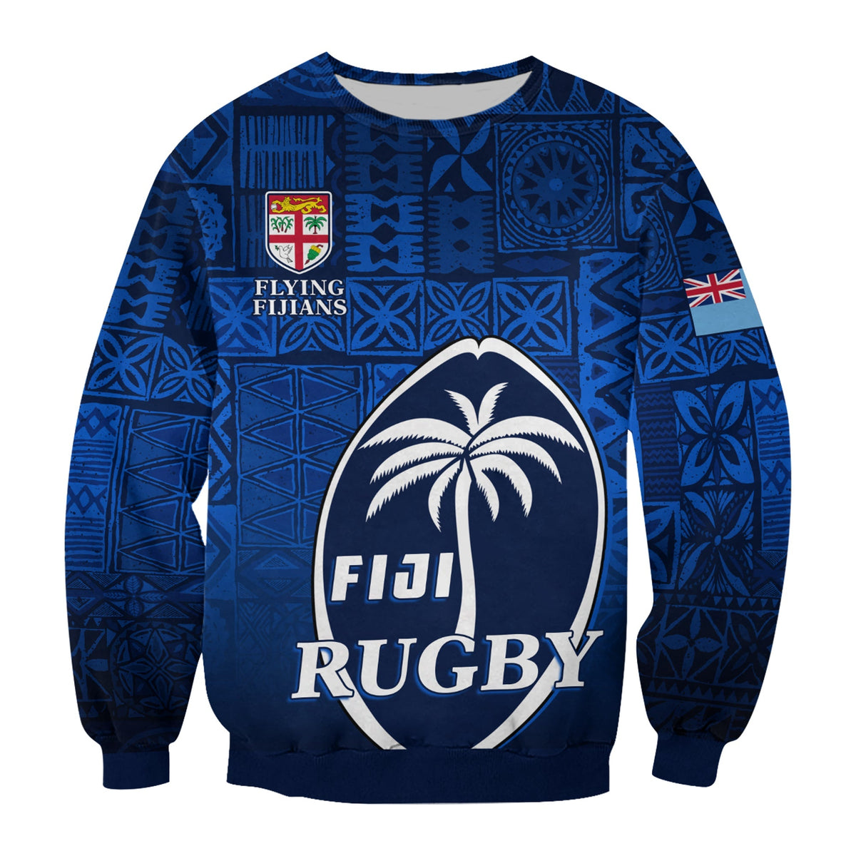 (Custom Text and Number) Fiji Rugby Sweatshirt Flying Fijians Blue Tapa Pattern LT13 - Wonder Print Shop