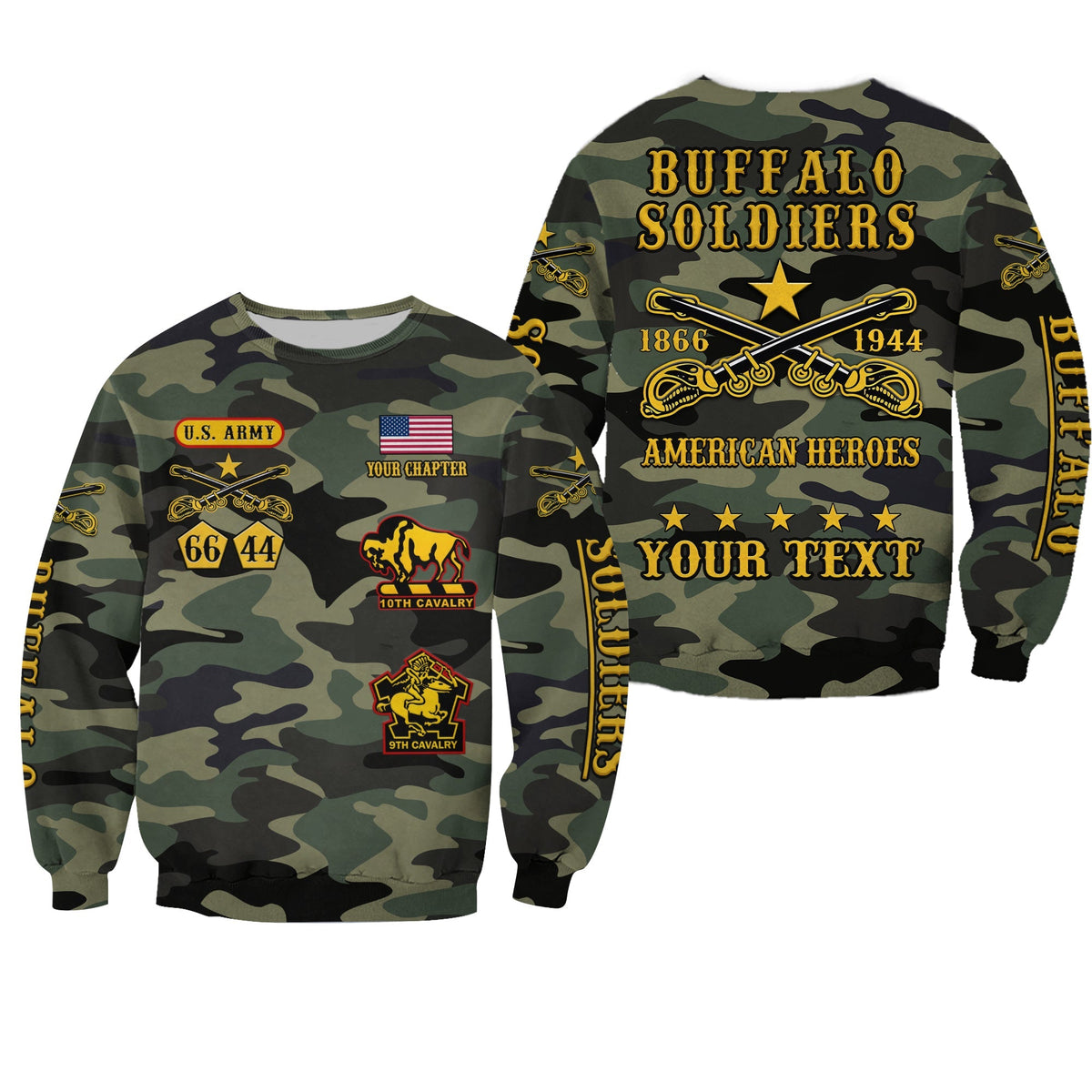 (Custom Text and Chapter) Buffalo Soldiers Sweatshirt Camouflage American Heroes BSMC LT13 - Wonder Print Shop