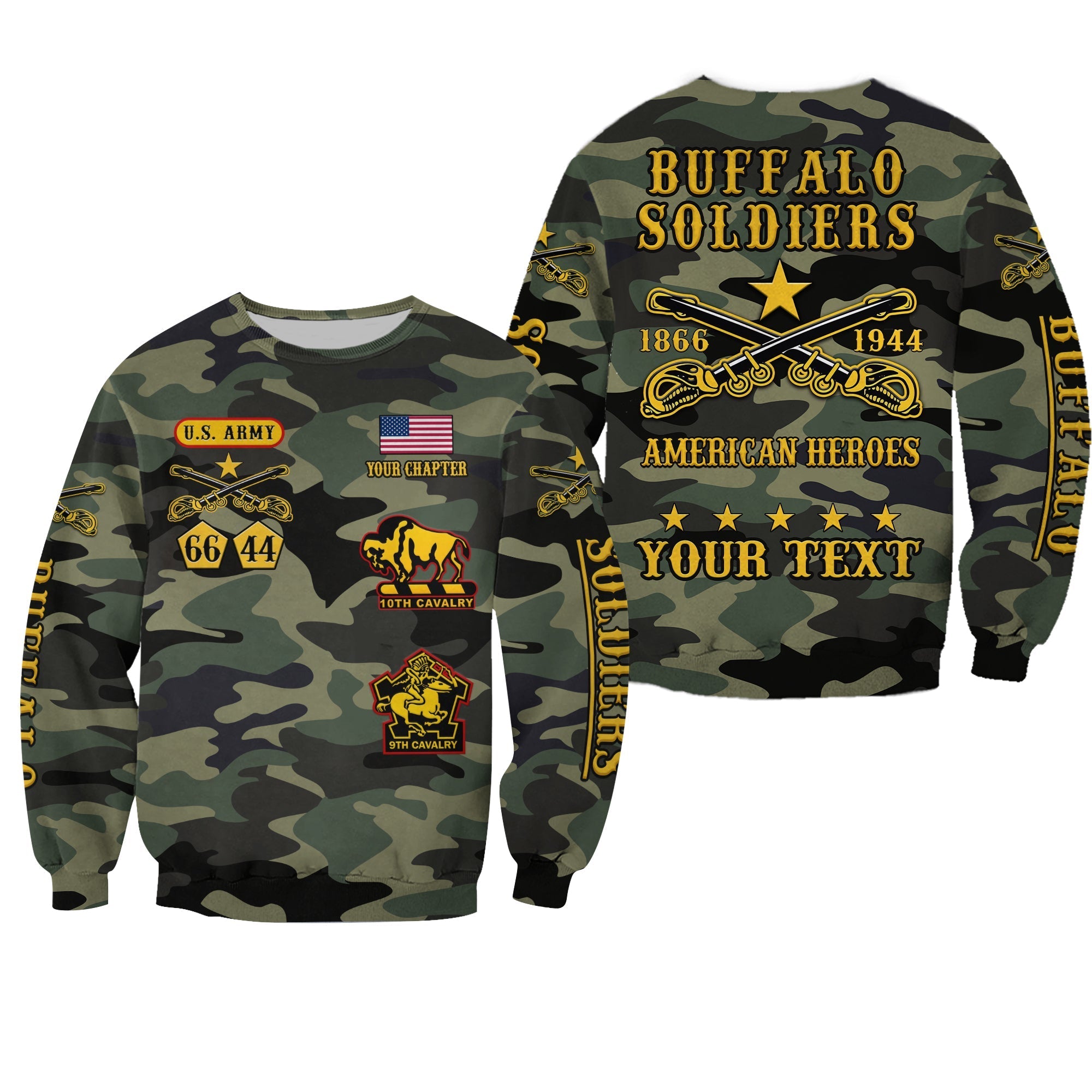 (Custom Text and Chapter) Buffalo Soldiers Sweatshirt Camouflage American Heroes BSMC LT13 - Wonder Print Shop
