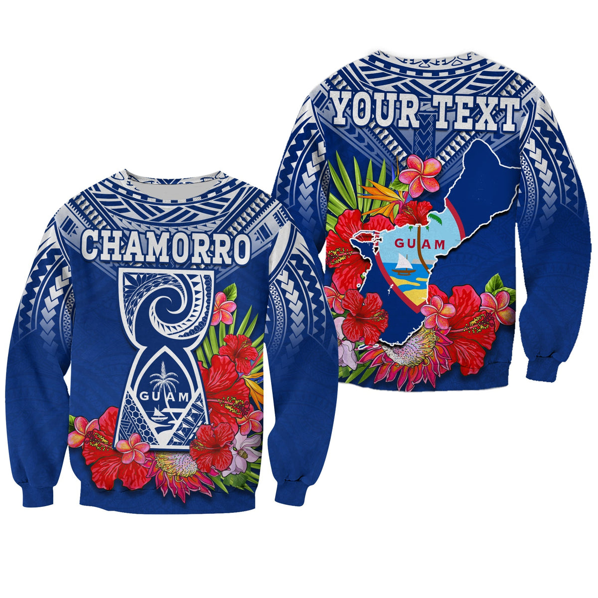 Custom Personalised Guam Chamorro Sweatshirt Guaman Latte Stone Tropical Flowers Blue Version - Wonder Print Shop