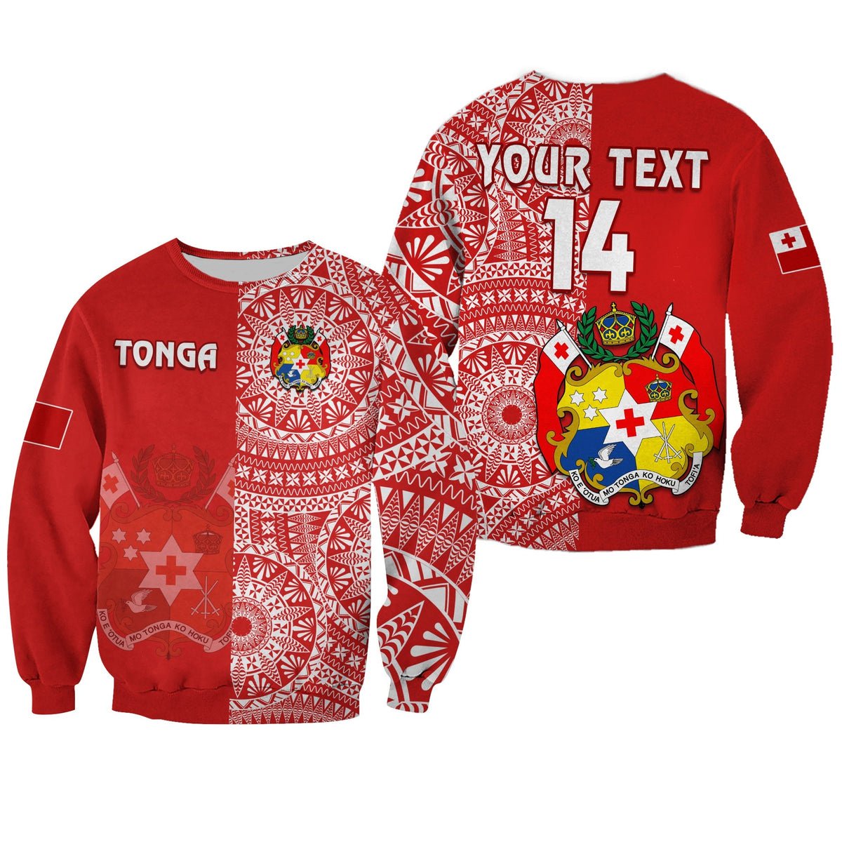 Custom Text And Number Tonga Sweatshirt Tongan Coat Of Arms Ngatu Pattern - Wonder Print Shop