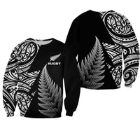 Black rugby sweatshirt with feather graphic and Maori-style patterned sleeves