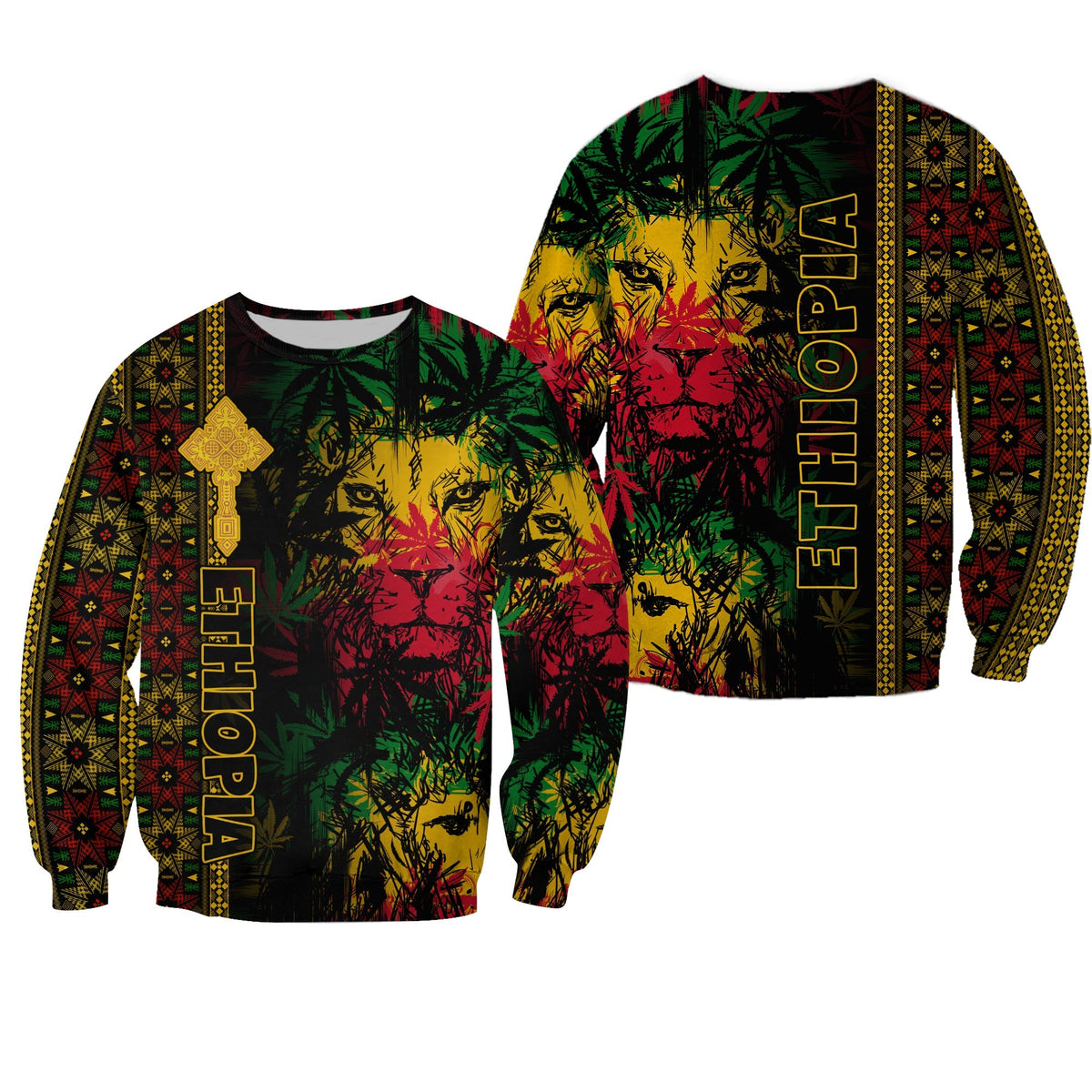 Ethiopia Lion Reggae Sweatshirt Ethiopian Cross LT13 - Wonder Print Shop