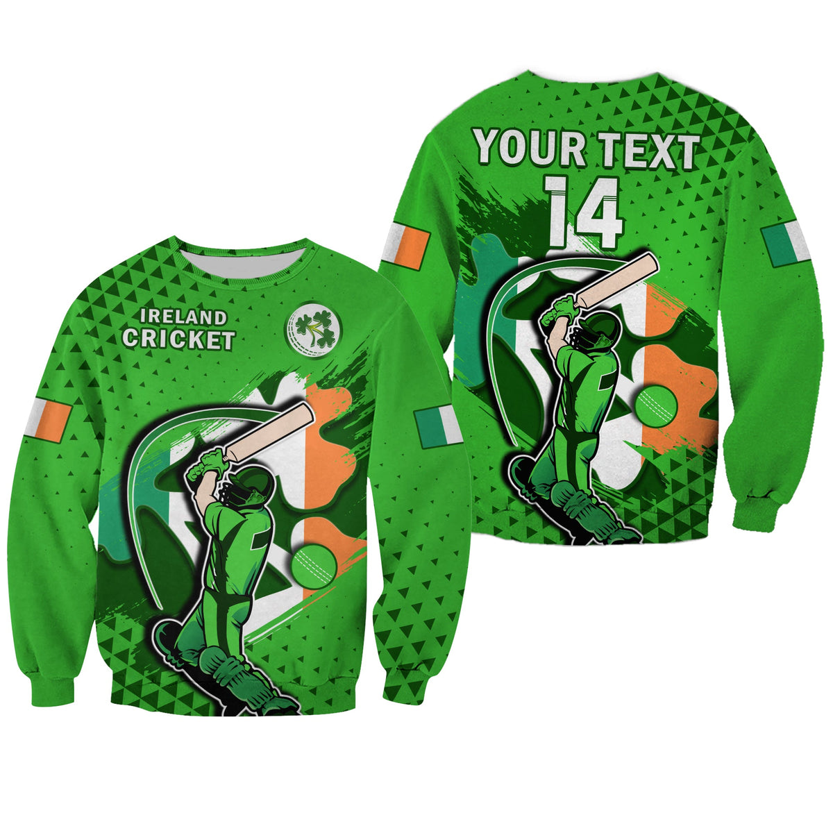 (Custom Text And Number) Ireland Cricket Sweatshirt Irish Flag Shamrock Sporty Style - Wonder Print Shop