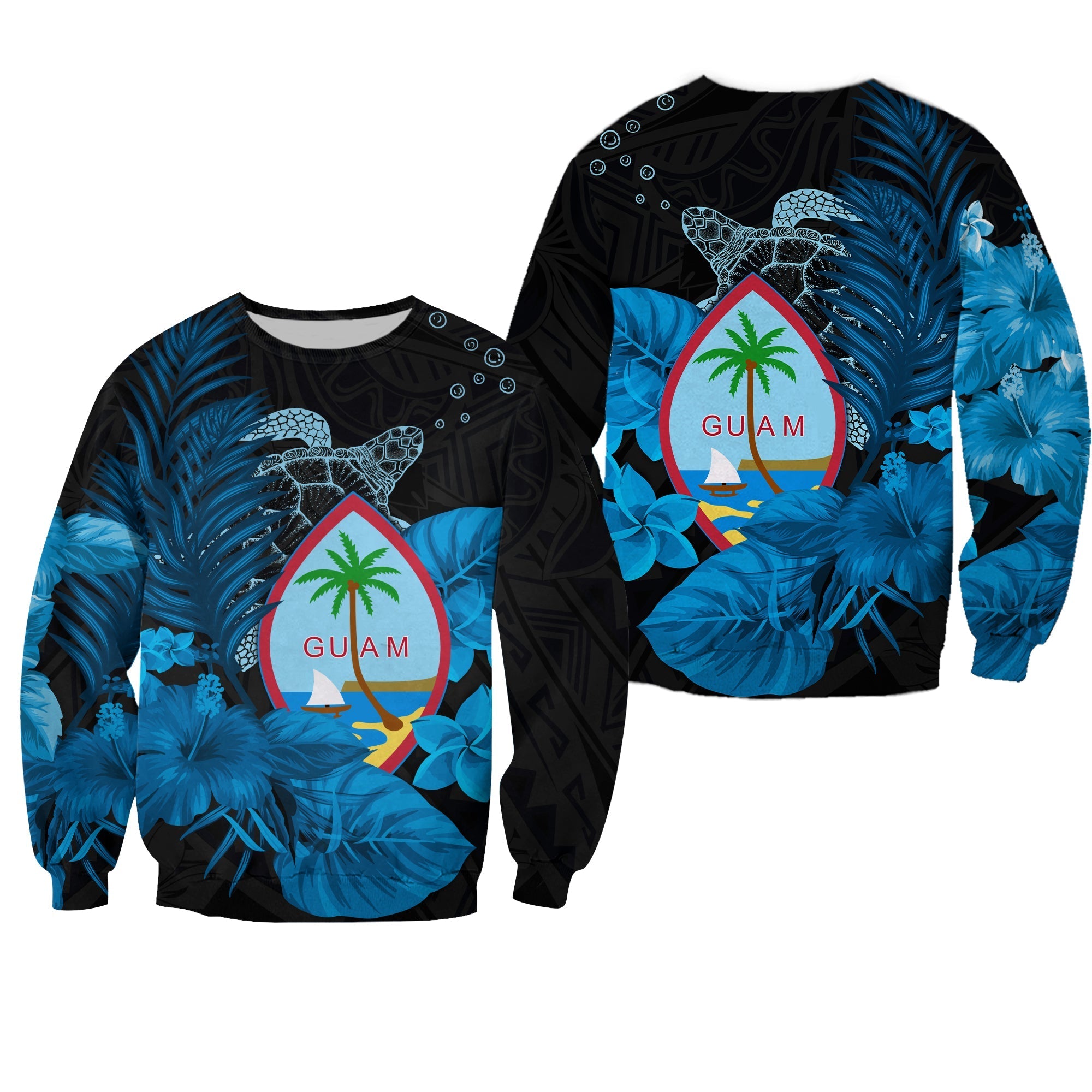 Guam Seal Sweatshirt Polynesian Turtle with Flowers Version Blue LT13 - Wonder Print Shop