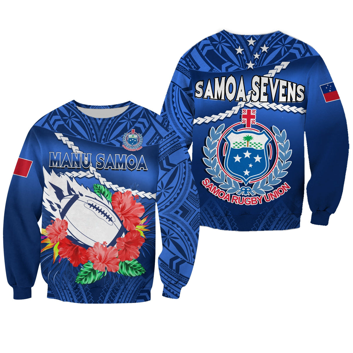 Samoa Rugby Sweatshirt Manu Samoa Polynesian Hibiscus Blue Style - Wonder Print Shop