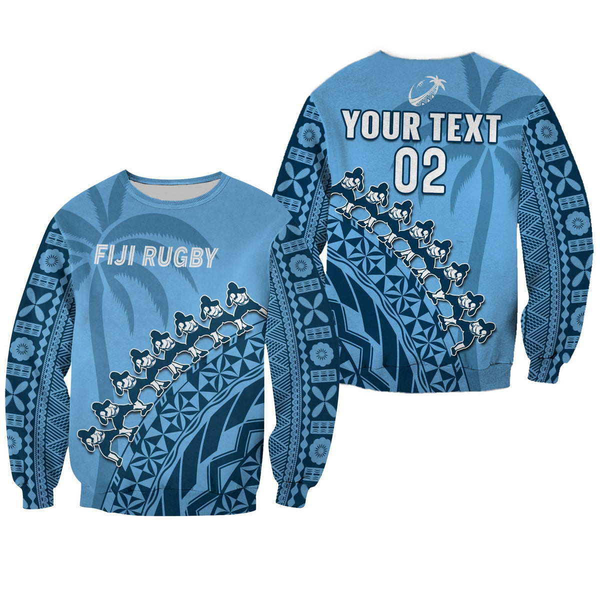 Custom Text And Number Fiji Tapa Rugby Sweatshirt Fijian Cibi Dance Tapa Pattern Blue - Wonder Print Shop
