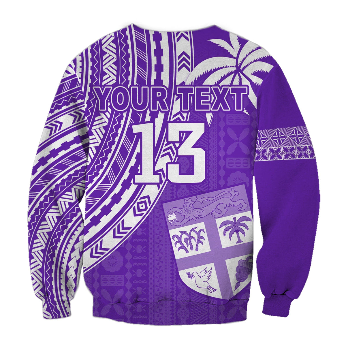 Purple sweatshirt back with YOUR TEXT, number 13, and tapa artwork patch