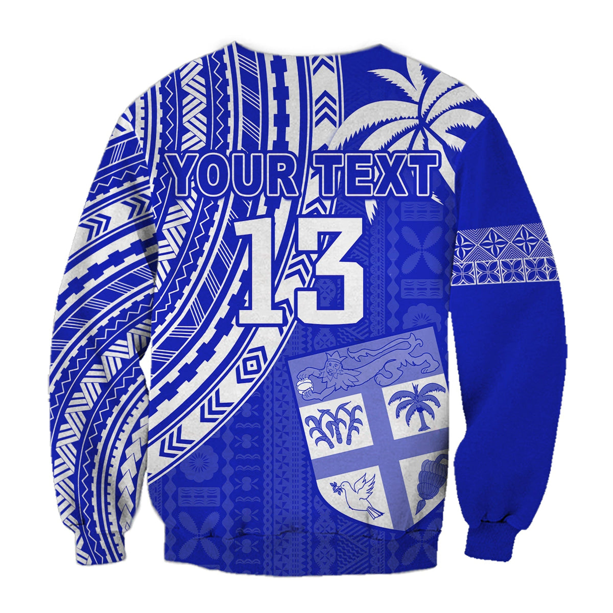 Blue rugby sevens sweatshirt with YOUR TEXT, number 13, and shield map graphic