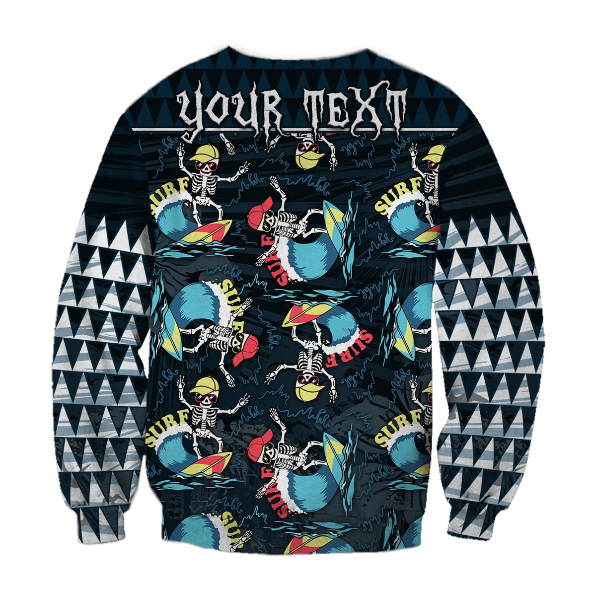 Unisex crewneck surf sweatshirt in dark with skeleton surfing pattern and 'YOUR TEXT' back print
