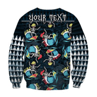 Unisex crewneck surf sweatshirt in dark with skeleton surfing pattern and 'YOUR TEXT' back print