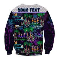 Purple crewneck sweatshirt back with YOUR TEXT and skeleton-dance Hawaiian graphic
