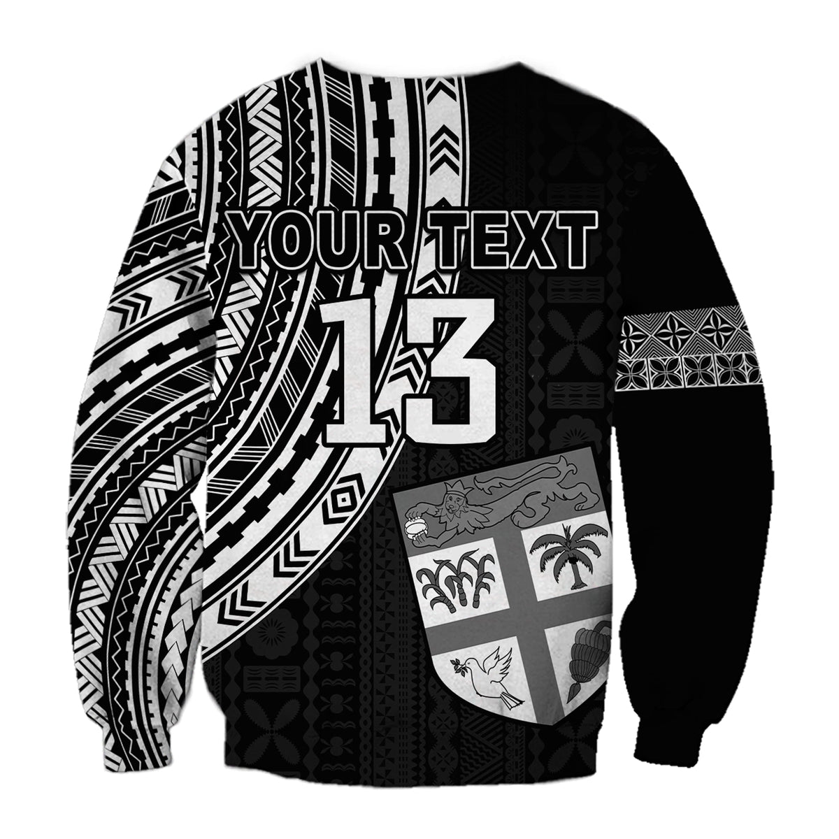 Black sweatshirt with white tribal sleeves, 'YOUR TEXT' and large '13' on front