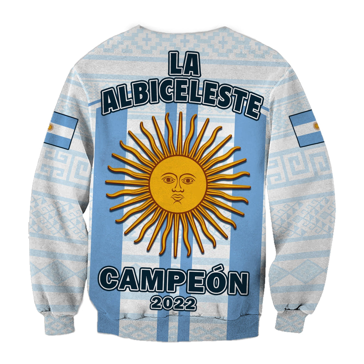 Blue Argentina sweatshirt back with La Albiceleste Campeón 2022 sun emblem