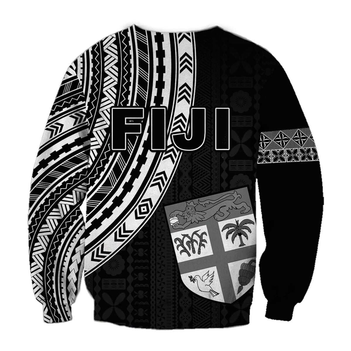 Black crewneck sweatshirt with bold FIJI lettering, tapa stripes and crest graphic