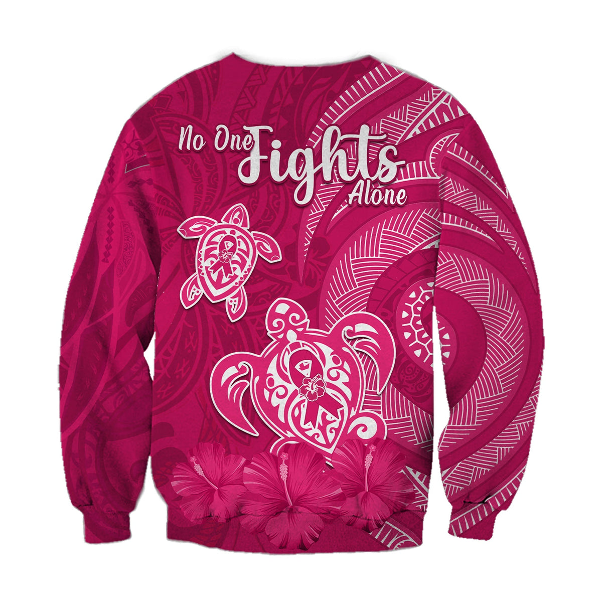 Unisex pink sweatshirt with 'No One fights Alone' print and turtle graphic