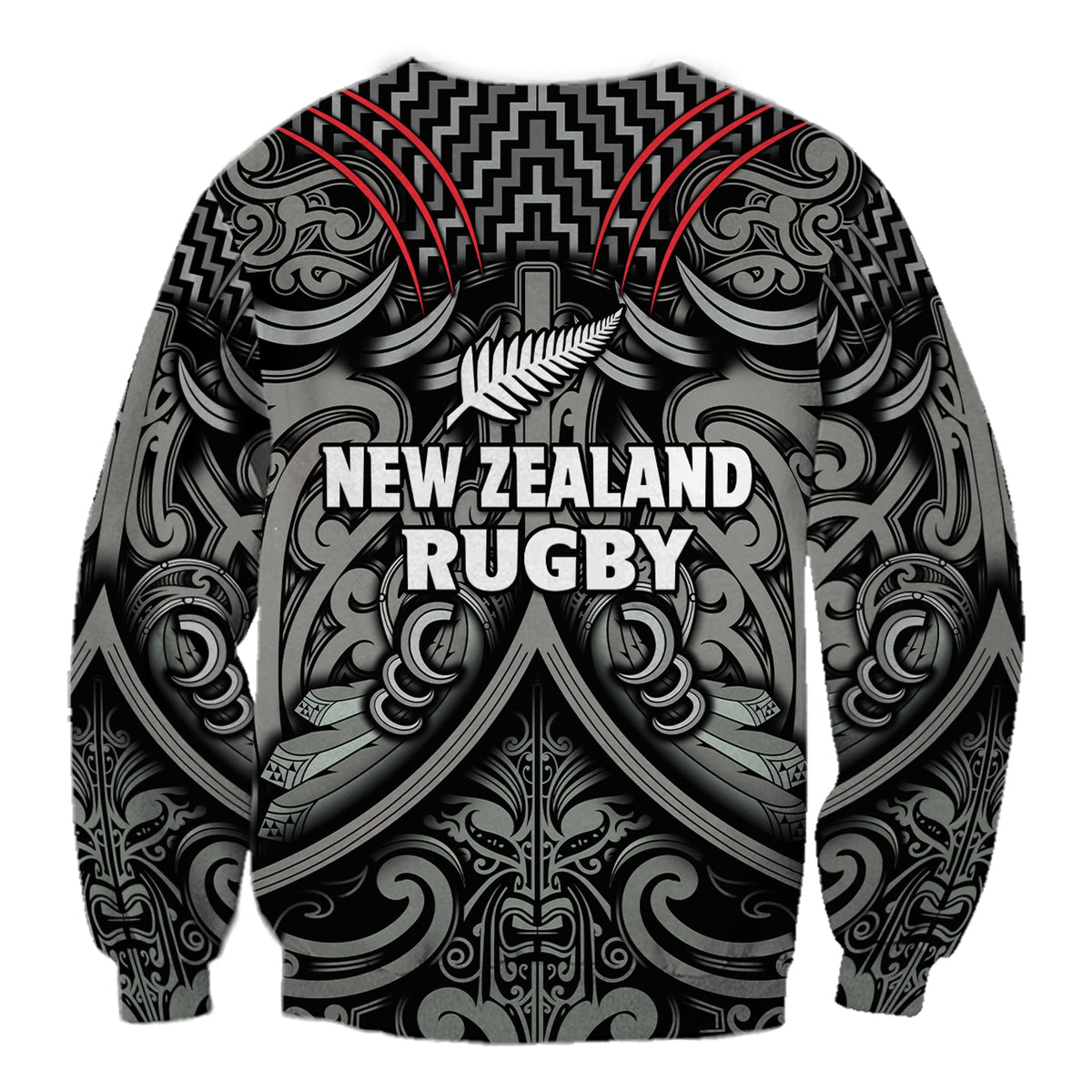 Black rugby sweatshirt with Maori-inspired pattern and “New Zealand Rugby” text front