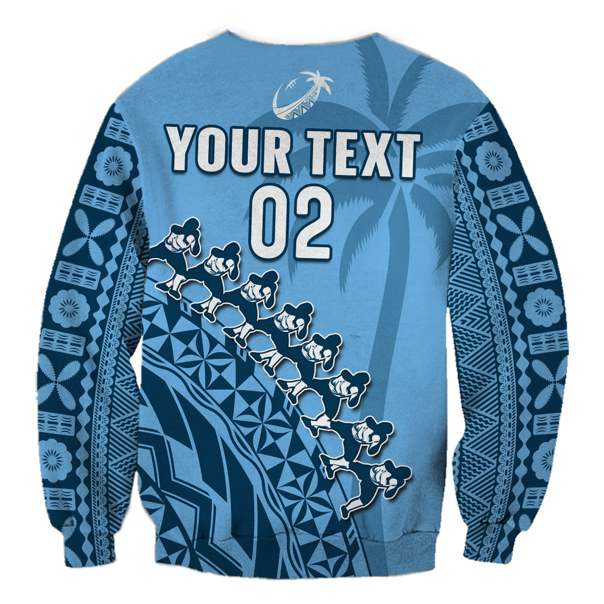 Blue unisex rugby sweatshirt with YOUR TEXT and number 02, tapa-inspired geometric print