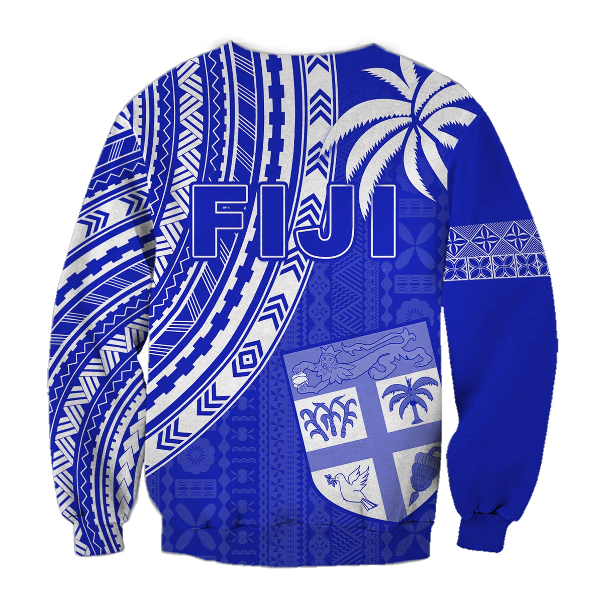 Blue crewneck sweatshirt with white patterned back, large letters, and shield graphic