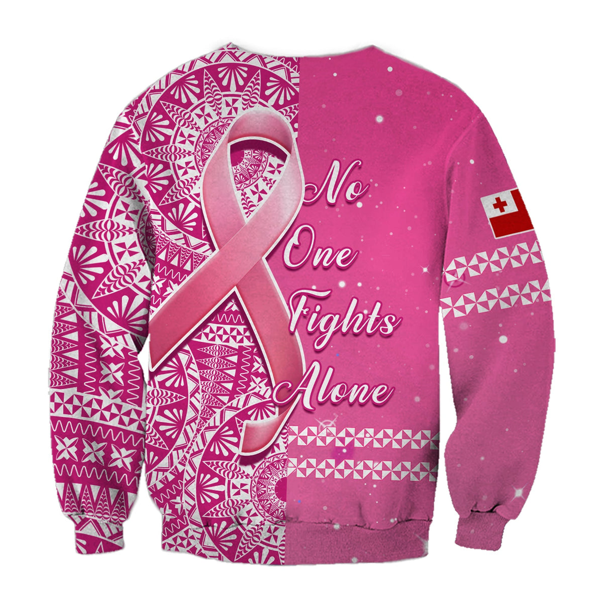 Tonga Breast Cancer Sweatshirt Tongan Ngatu Pattern No One Fights Alone - Wonder Print Shop