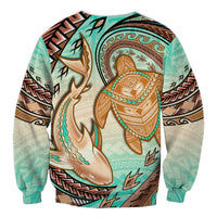 Hawaii Sweatshirt Polynesian Shark And Sea Turtle Dreamy Turquoise Artsy - Wonder Print Shop