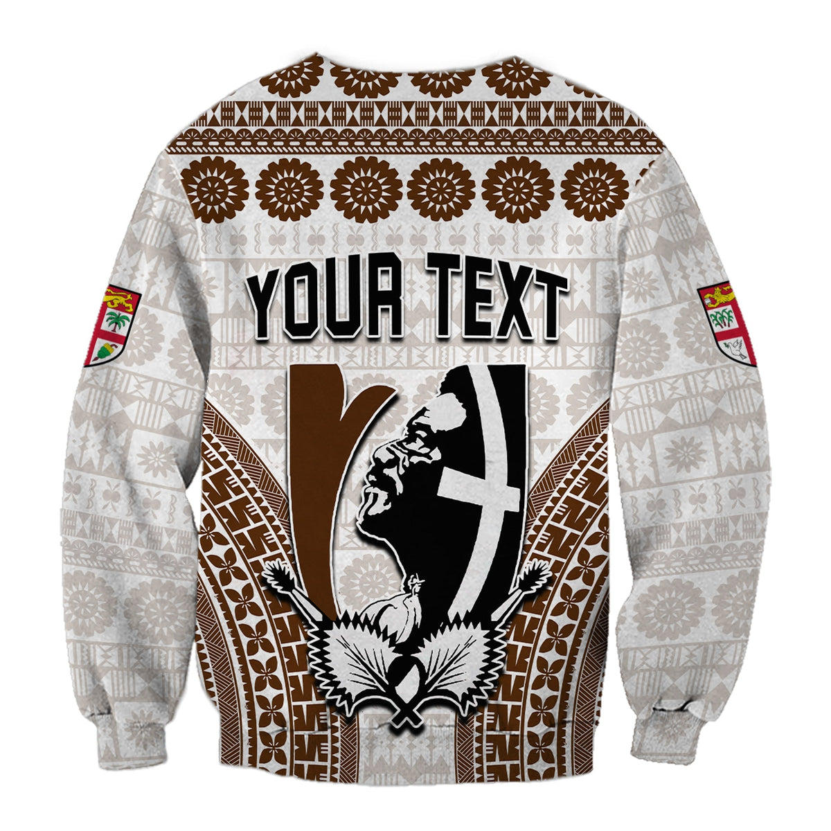 White crewneck sweatshirt with 'YOUR TEXT' and tribal tapa pattern back print
