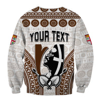 White crewneck sweatshirt with 'YOUR TEXT' and tribal tapa pattern back print
