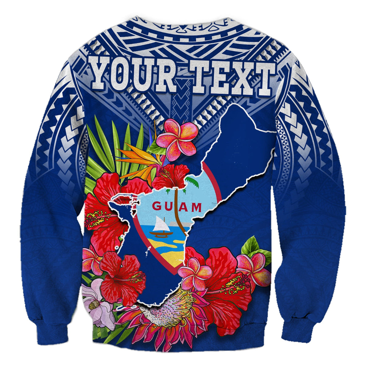 Custom Personalised Guam Chamorro Sweatshirt Guaman Latte Stone Tropical Flowers Blue Version - Wonder Print Shop